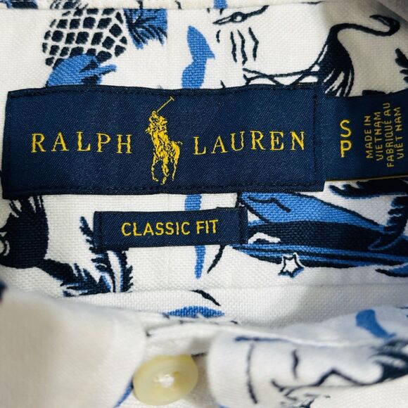 Ralph Lauren Flamingo Hawaiian Button Down Shirt Men's Sz S White Blue S/S - Picture 5 of 6